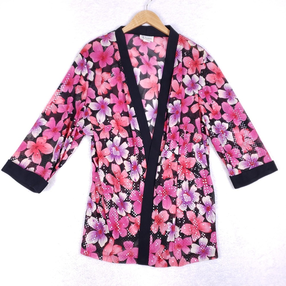 K Woman Floral Sheer Kimono Jacket 20W Black‎ Pink Vintage Made In USA